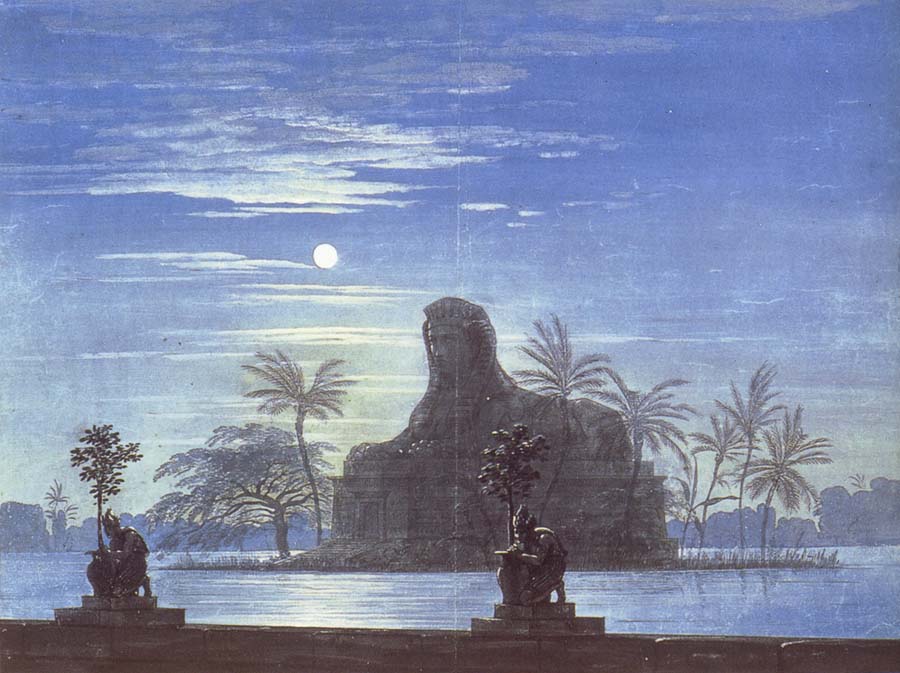 The Garden of Sarastro by Moonlight with Sphinx,decor for Mozart-s opera Die Zauberflote